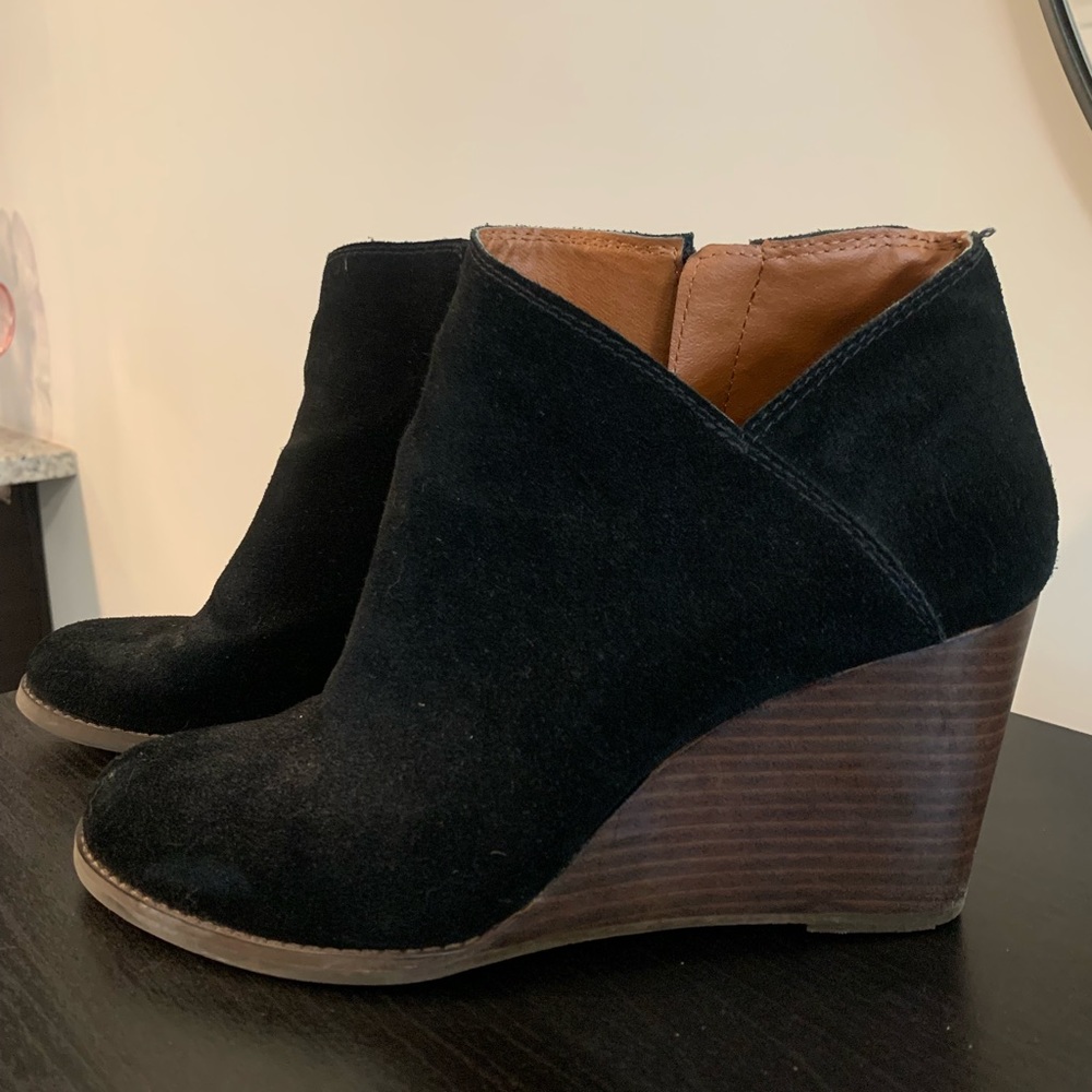 Lucky Brand black suede ankle wedge booties. Size 10.